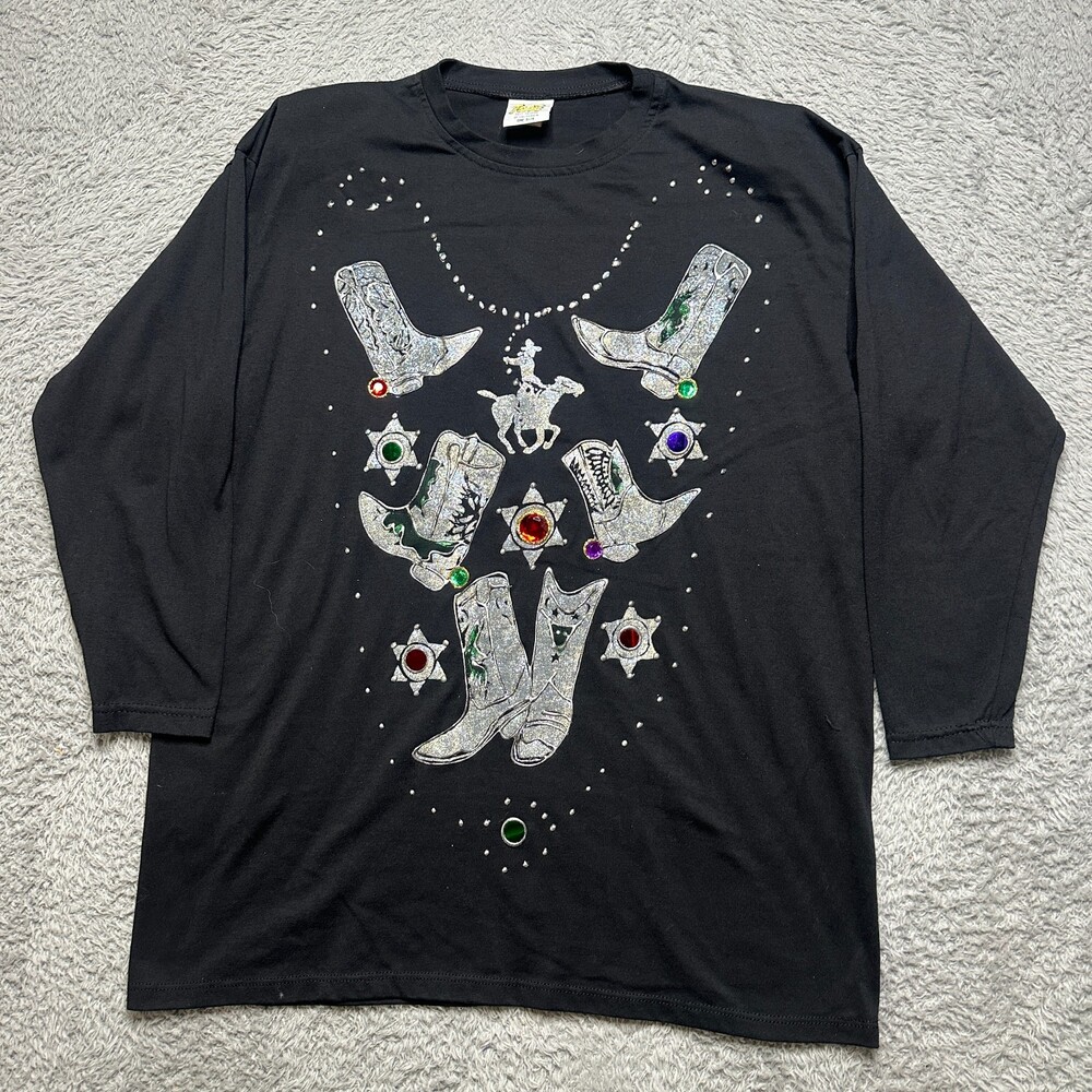 Vintage Cowgirl Shirt Womens One Size Black Sparkle Gems Rodeo Square Dance USA